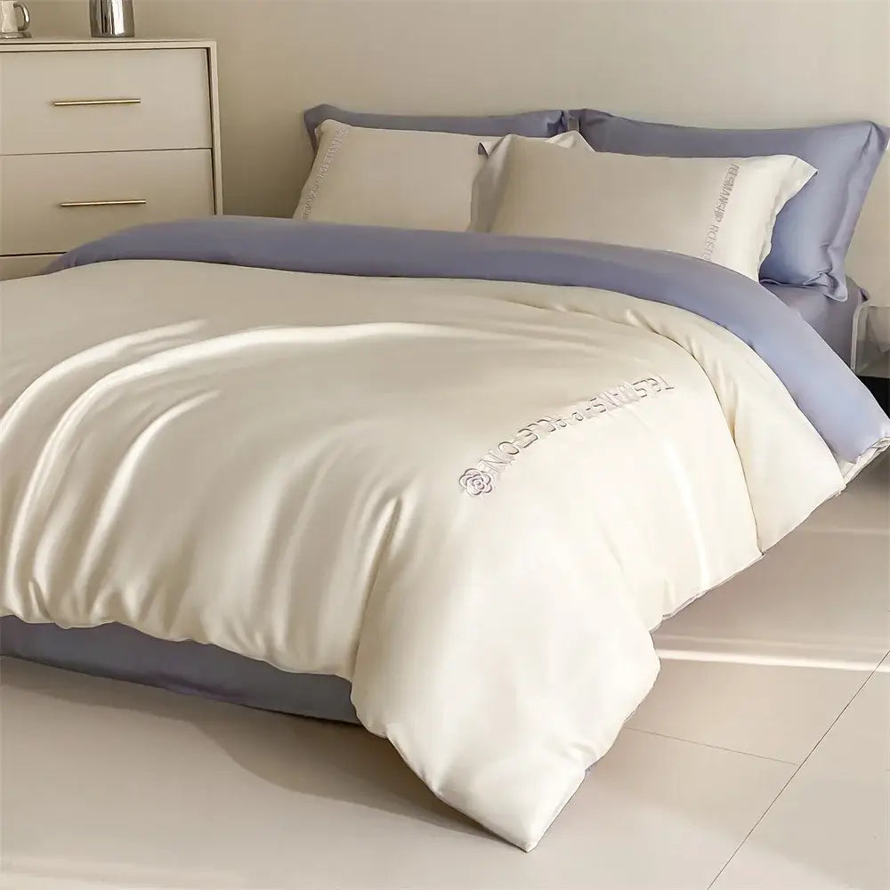Blue & gray cotton solid color bedding set for bedroom embroidery