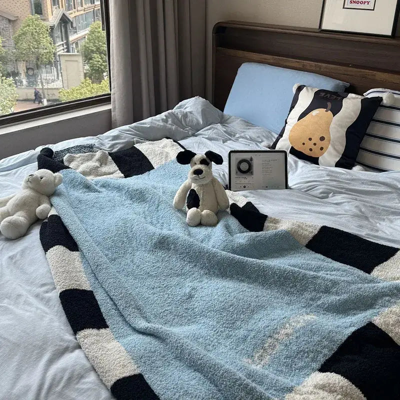 Blue green & black momochi flannel sofa blanket bedroom decor