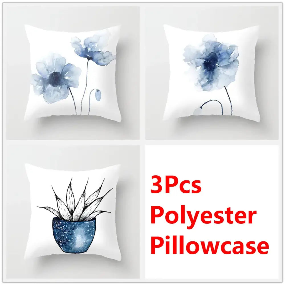 Blue ink flower cushion cover set living room watercolor decor