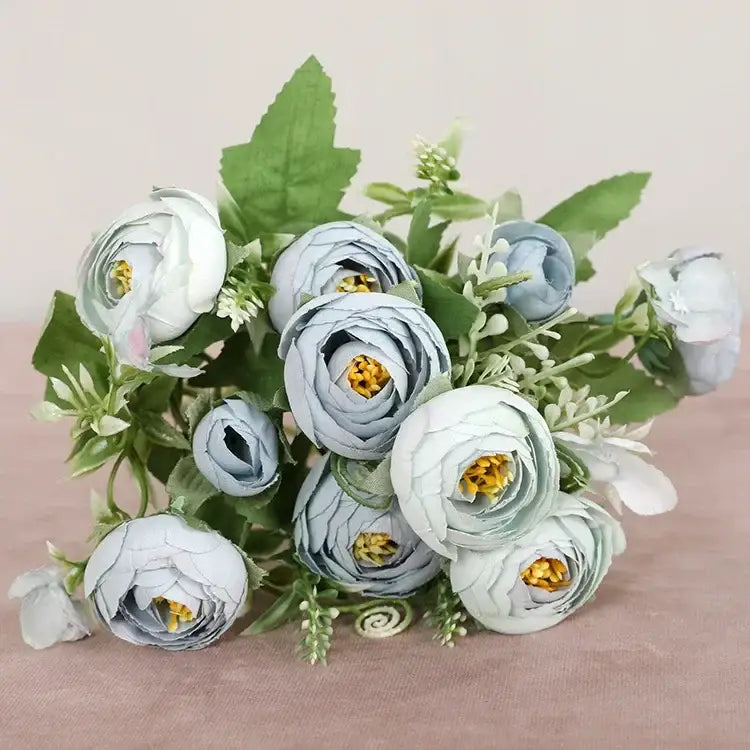 Blue peony and tea rose silk fake flowers – home garden decor