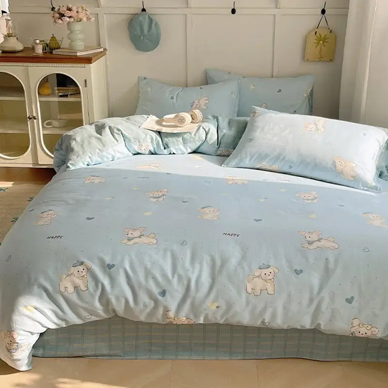 Blue poodle print cotton cartoon printed bedding set bedroom