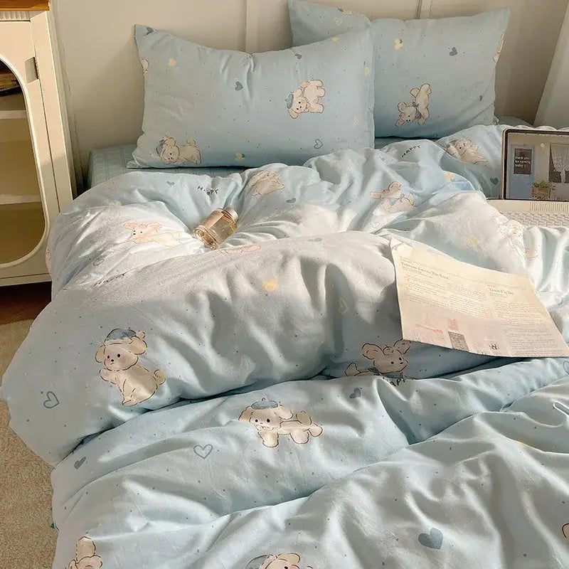 Blue poodle print cotton cartoon printed bedding set bedroom