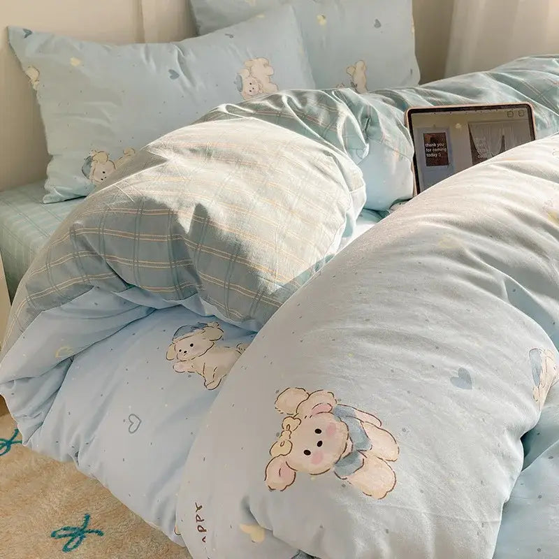 Blue poodle print cotton cartoon printed bedding set bedroom