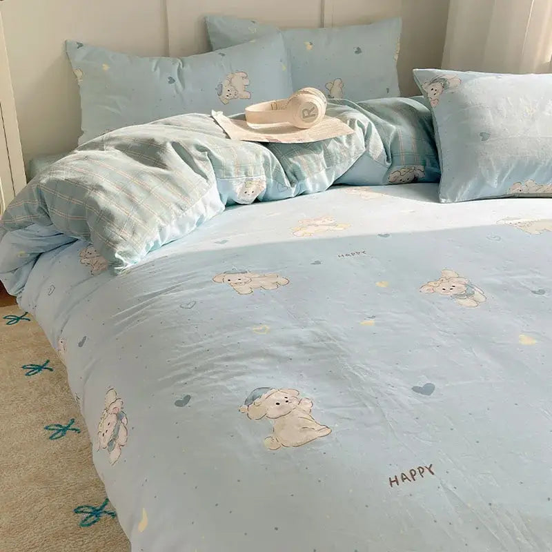 Blue poodle print cotton cartoon printed bedding set bedroom