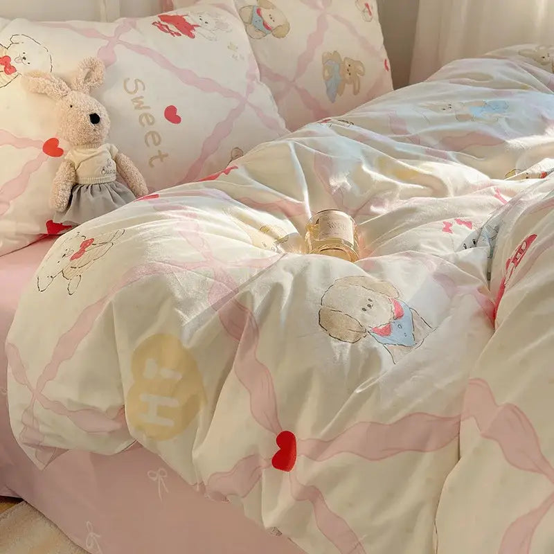 Blue poodle print cotton cartoon printed bedding set bedroom