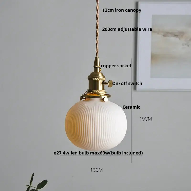 Blue ribbed ceramic led pendant lamp kitchen brass accents