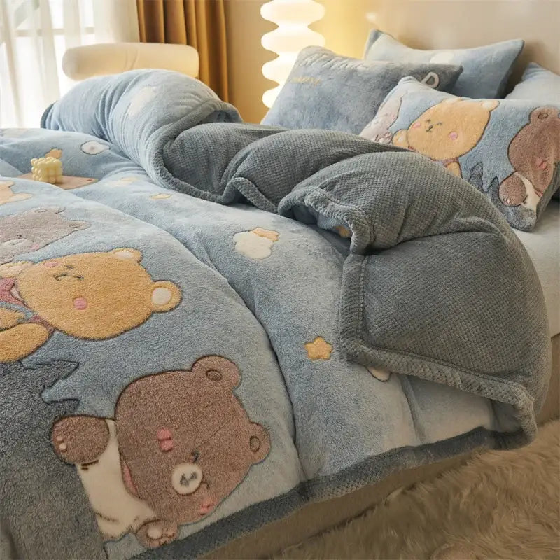 Blue teddy bear winter velvet duvet cover bedroom plush blanket