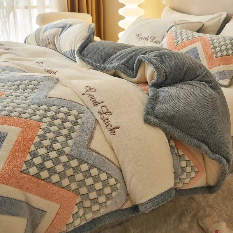 Blue teddy bear winter velvet duvet cover bedroom plush blanket