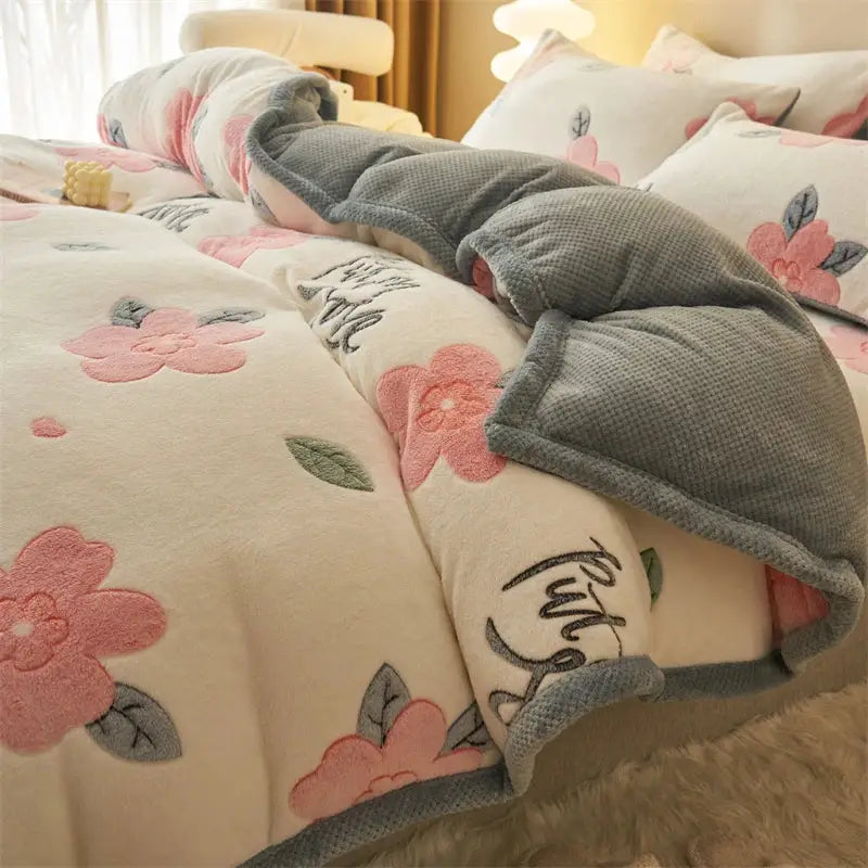 Blue teddy bear winter velvet duvet cover bedroom plush blanket