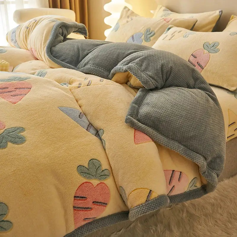 Blue teddy bear winter velvet duvet cover bedroom plush blanket