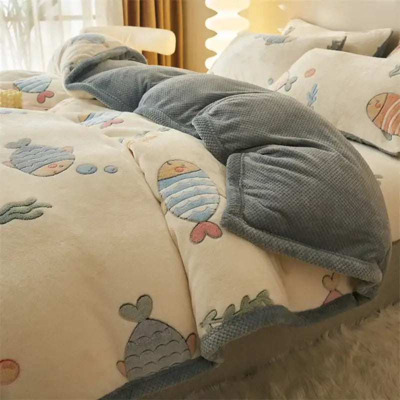 Blue teddy bear winter velvet duvet cover bedroom plush blanket