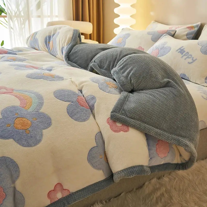 Blue teddy bear winter velvet duvet cover bedroom plush blanket