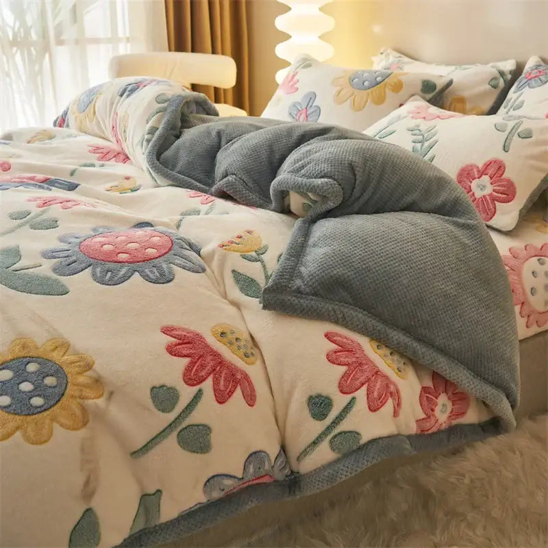 Blue teddy bear winter velvet duvet cover bedroom plush blanket