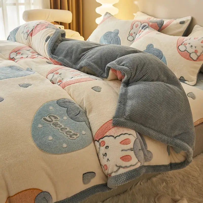 Blue teddy bear winter velvet duvet cover bedroom plush blanket