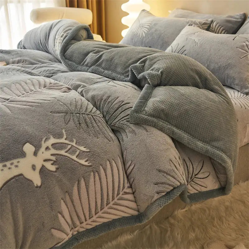 Blue teddy bear winter velvet duvet cover bedroom plush blanket