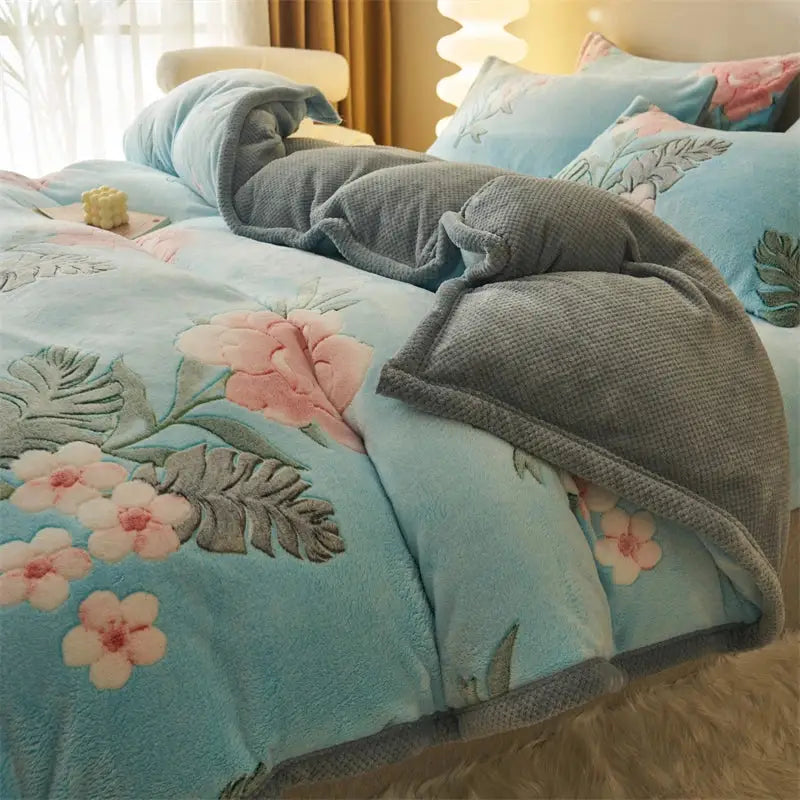 Blue teddy bear winter velvet duvet cover bedroom plush blanket