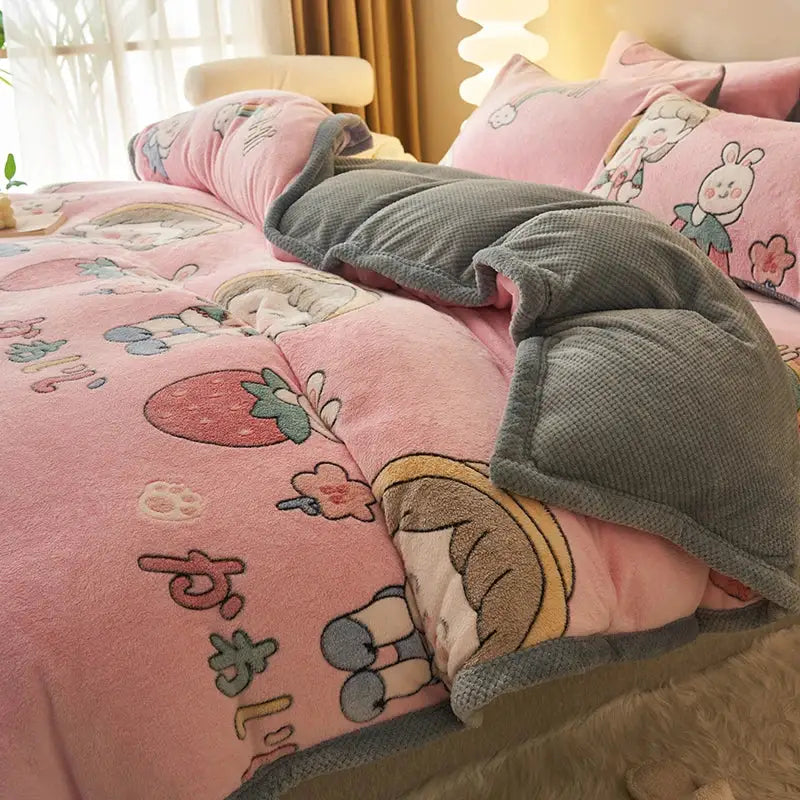 Blue teddy bear winter velvet duvet cover bedroom plush blanket