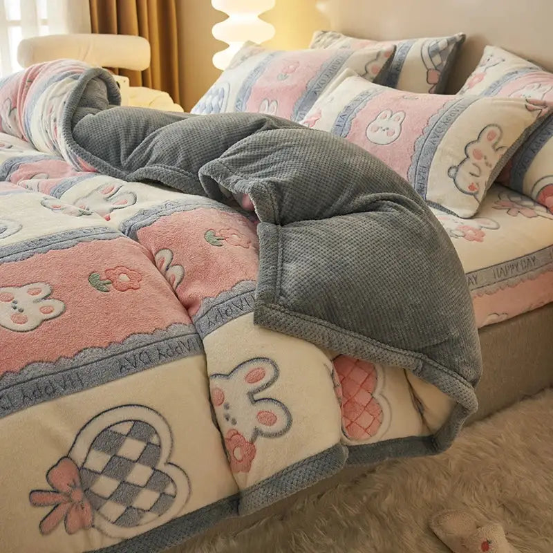 Blue teddy bear winter velvet duvet cover bedroom plush blanket