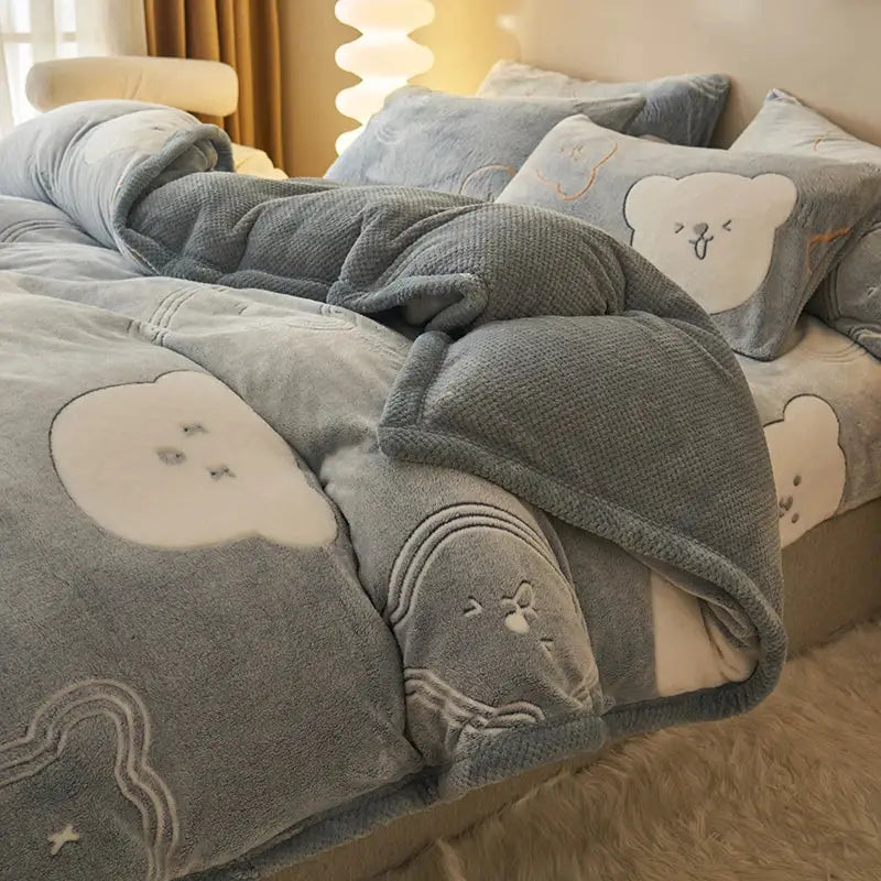 Blue teddy bear winter velvet duvet cover bedroom plush blanket