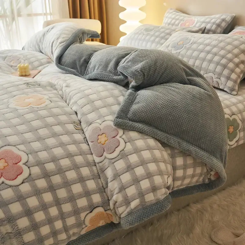 Blue teddy bear winter velvet duvet cover bedroom plush blanket