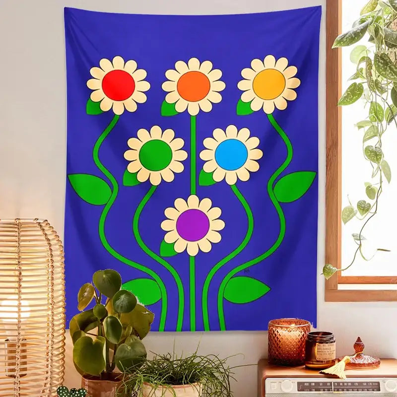 Blue vintage daisy wall hanging – bedroom psychedelic floral decor