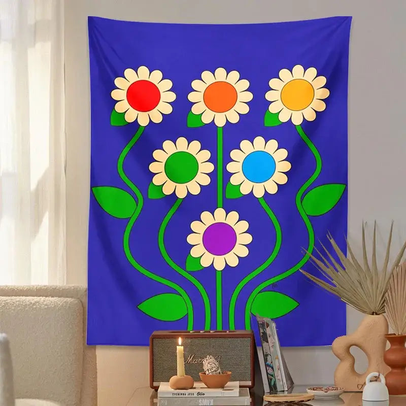 Blue vintage daisy wall hanging – bedroom psychedelic floral decor