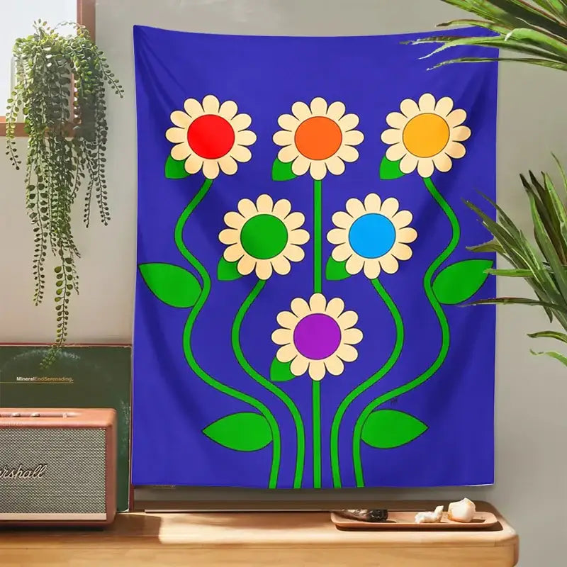 Blue vintage daisy wall hanging – bedroom psychedelic floral decor