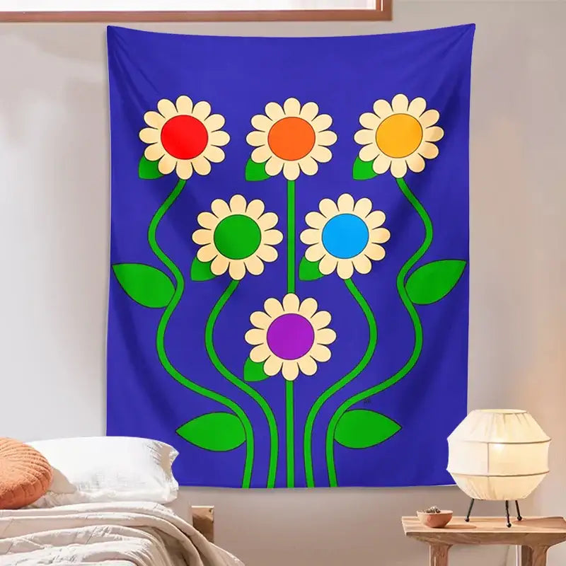 Blue vintage daisy wall hanging – bedroom psychedelic floral decor