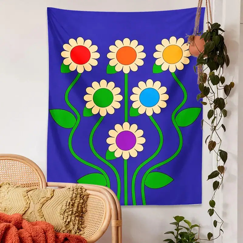 Blue vintage daisy wall hanging – bedroom psychedelic floral decor