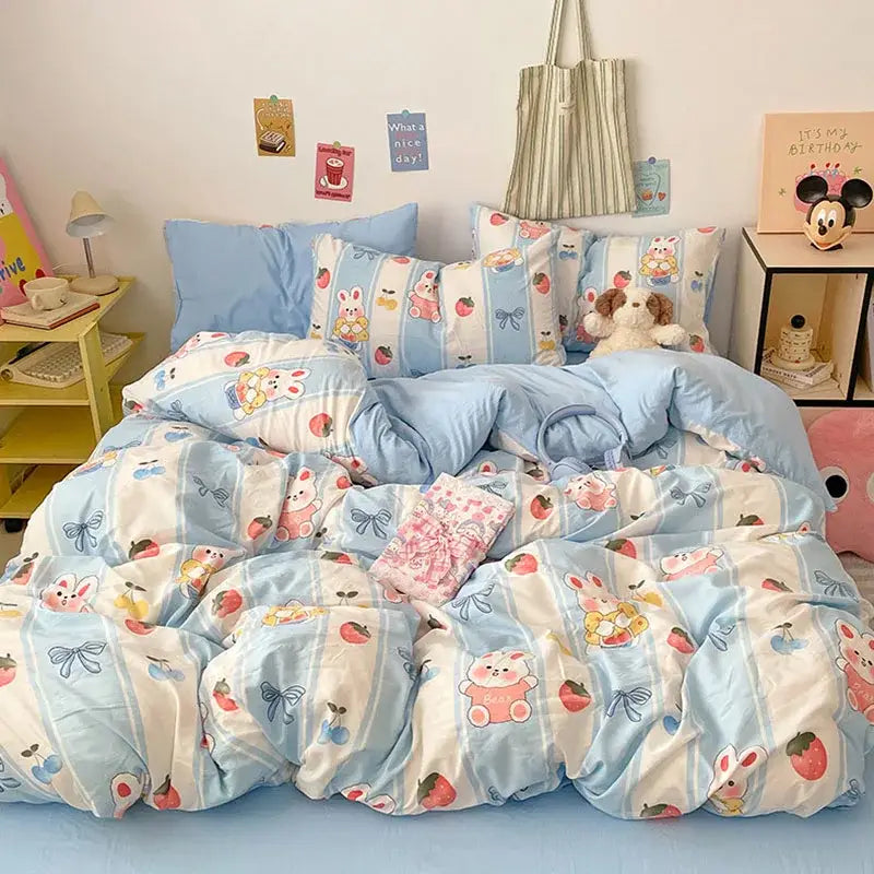 Blue & white bunny cloud cotton printed bedding sets bedroom quilt set