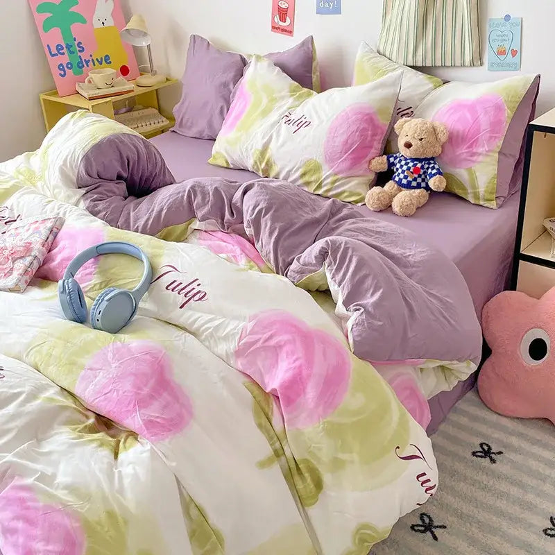 Blue & white bunny cloud cotton printed bedding sets bedroom quilt set