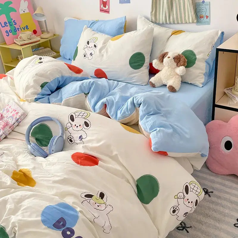 Blue & white bunny cloud cotton printed bedding sets bedroom quilt set