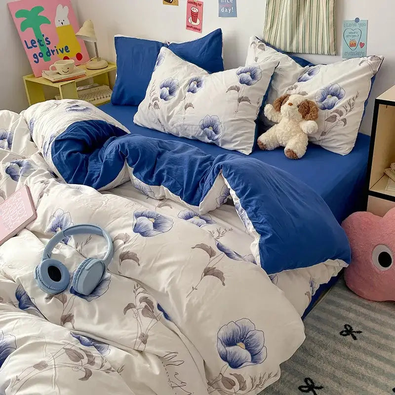 Blue & white bunny cloud cotton printed bedding sets bedroom quilt set