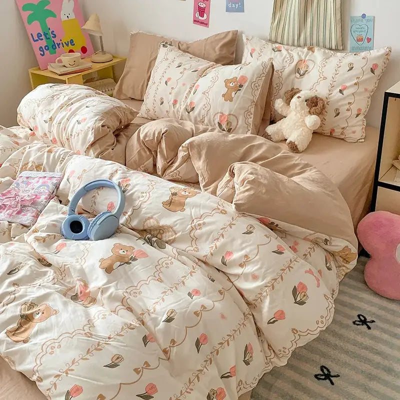 Blue & white bunny cloud cotton printed bedding sets bedroom quilt set
