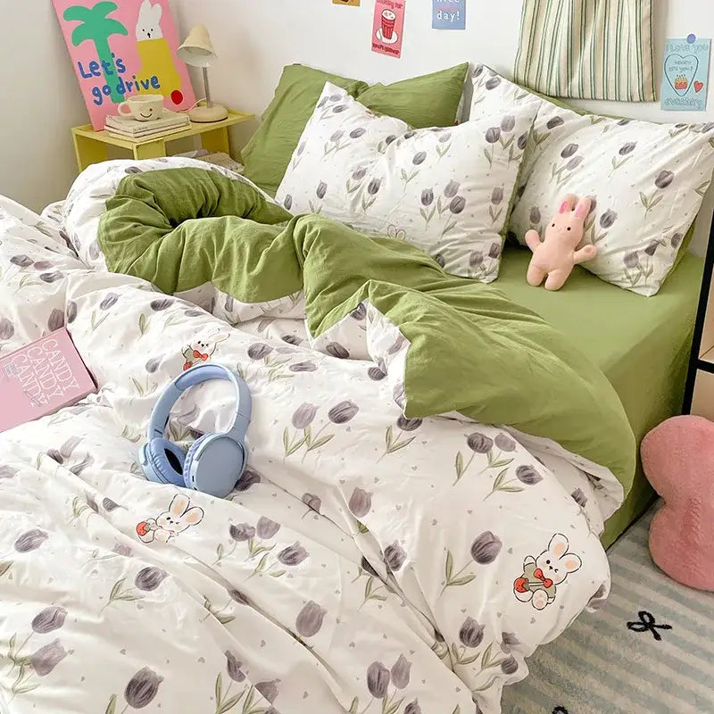Blue & white bunny cloud cotton printed bedding sets bedroom quilt set