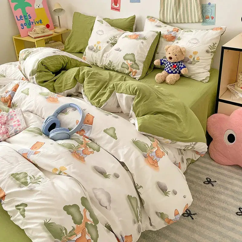 Blue & white bunny cloud cotton printed bedding sets bedroom quilt set