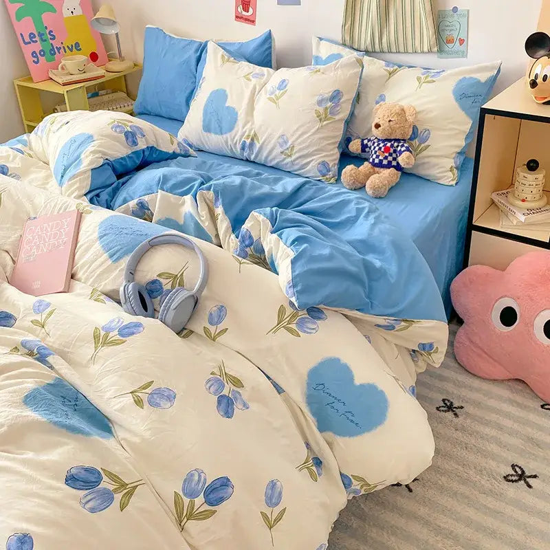 Blue & white bunny cloud cotton printed bedding sets bedroom quilt set