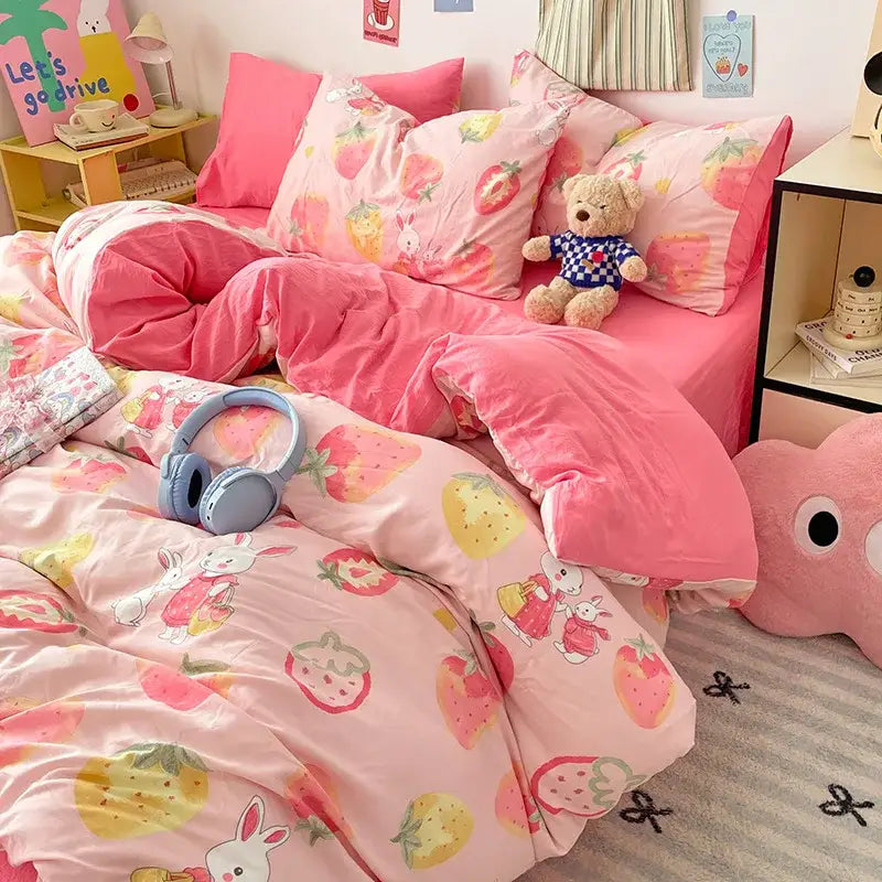Blue & white bunny cloud cotton printed bedding sets bedroom quilt set