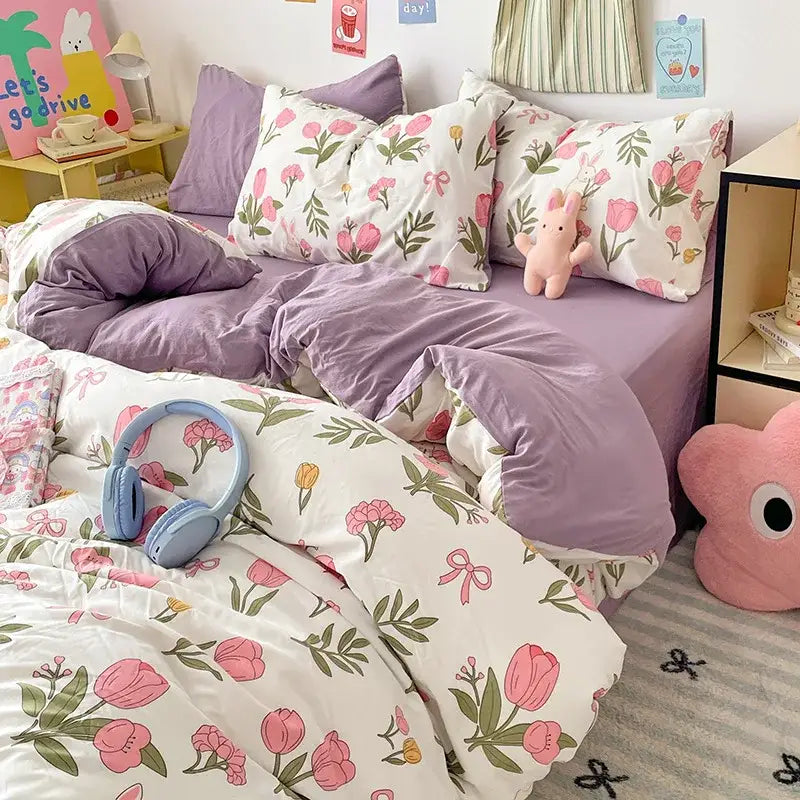 Blue & white bunny cloud cotton printed bedding sets bedroom quilt set