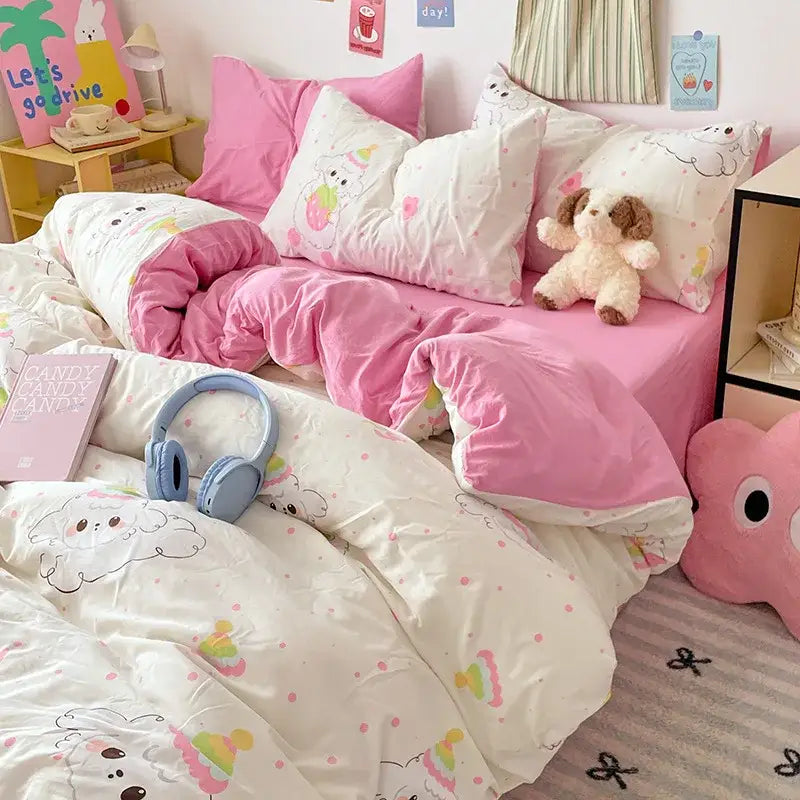 Blue & white bunny cloud cotton printed bedding sets bedroom quilt set