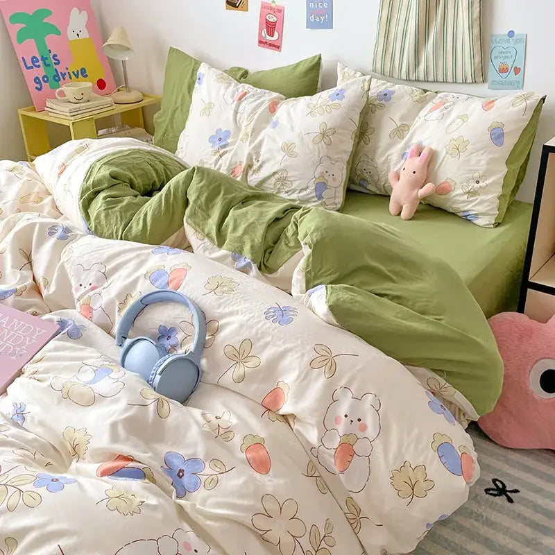 Blue & white bunny cloud cotton printed bedding sets bedroom quilt set