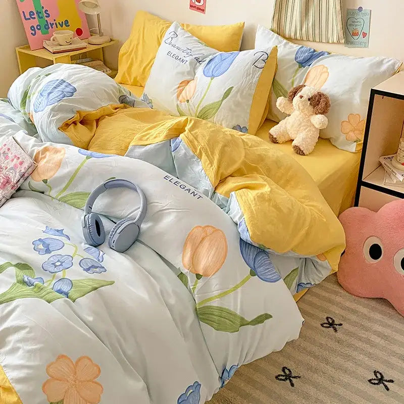 Blue & white bunny cloud cotton printed bedding sets bedroom quilt set