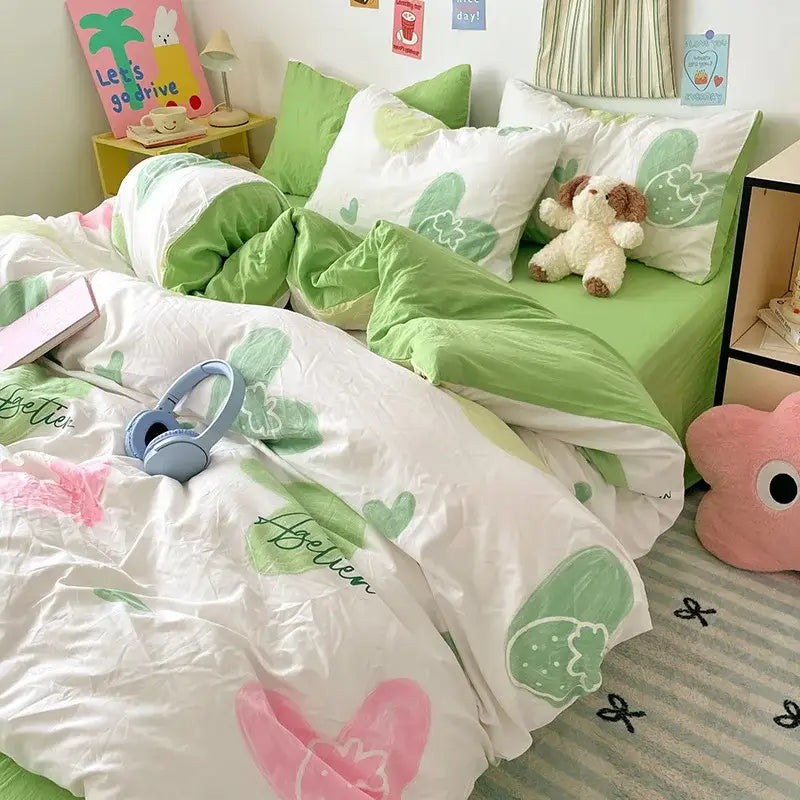 Blue & white bunny cloud cotton printed bedding sets bedroom quilt set