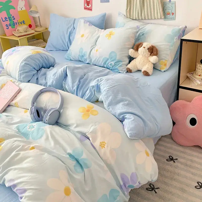 Blue & white bunny cloud cotton printed bedding sets bedroom quilt set