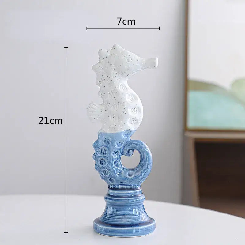 Blue & white cartoon seahorse ceramic statue living room decor