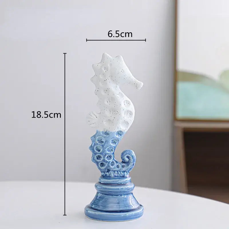 Blue & white cartoon seahorse ceramic statue living room decor
