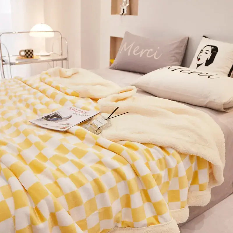 Blue & white double layer lamb wool checkered blanket bedroom throw