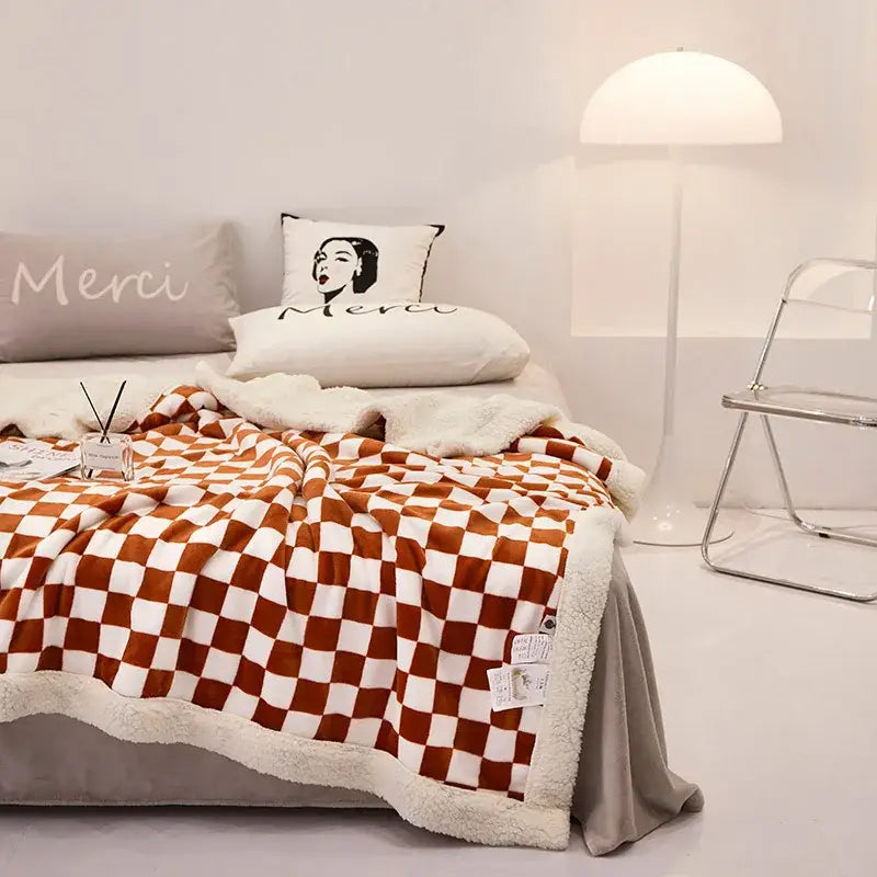 Blue & white double layer lamb wool checkered blanket bedroom throw
