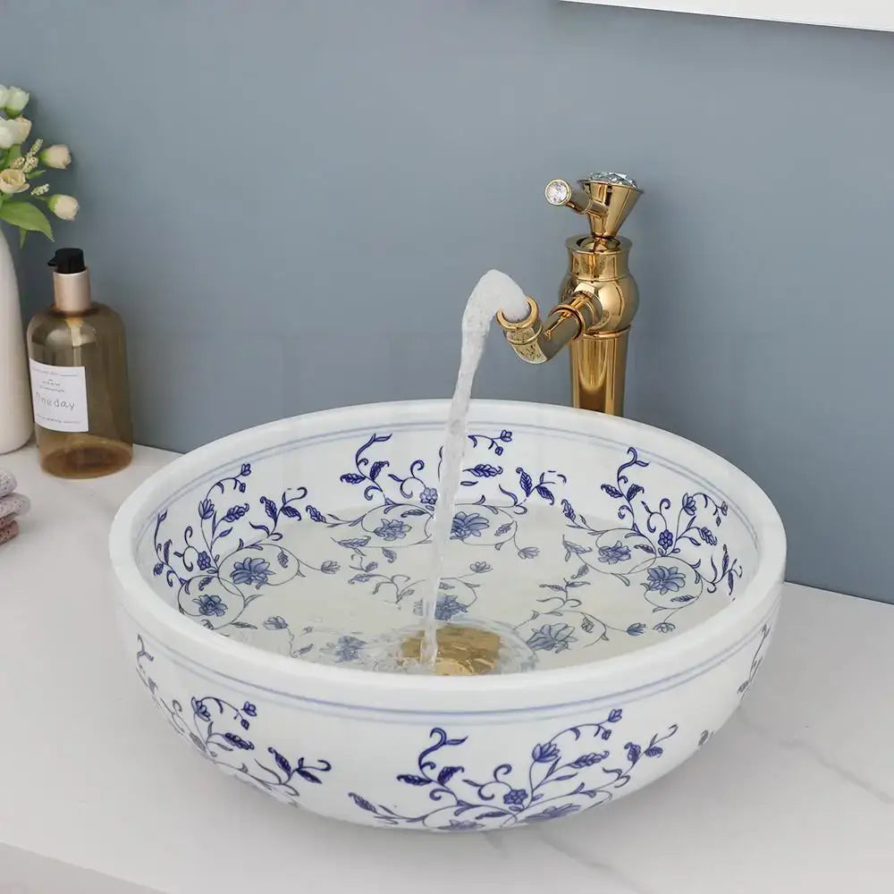 Blue & white porcelain basin set with pop drain – bathroom sink