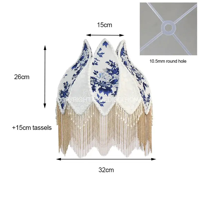 Blue & white porcelain floral lampshade bedroom pearl tassel decor
